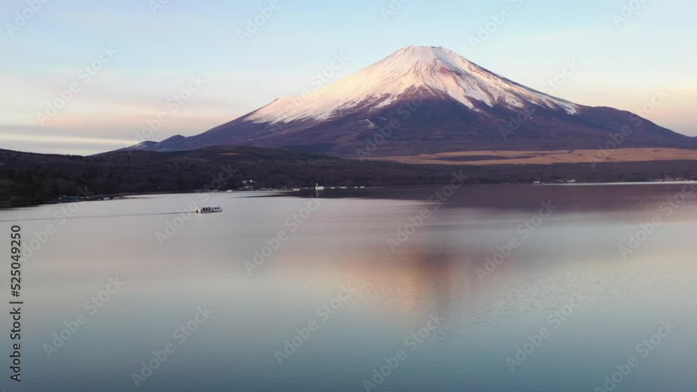 Drone view of Mt. Fuji reflection with lake with clear blue sky, Japan Drone view of Mt. Fuji reflection with lake with clear blue sky, Japan