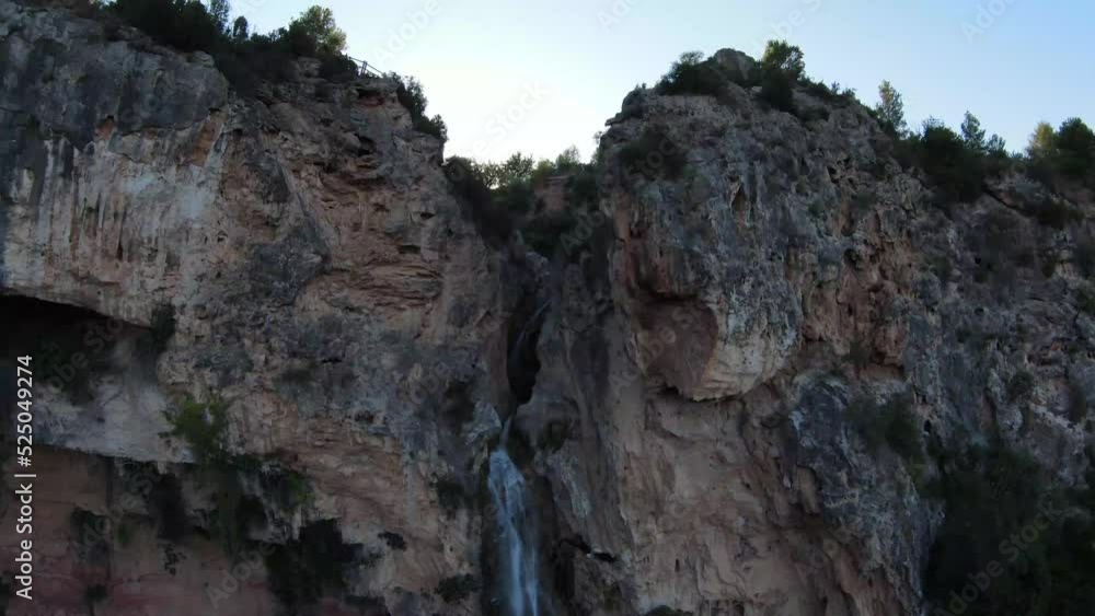Waterfall Nature Scene Cueva de Turche Valencia spain - 4K Drone Nature Photography 20 August 2022 Waterfall Nature Scene Cueva de Turche Valencia spain - 4K Drone Nature Photography 20 August 2022