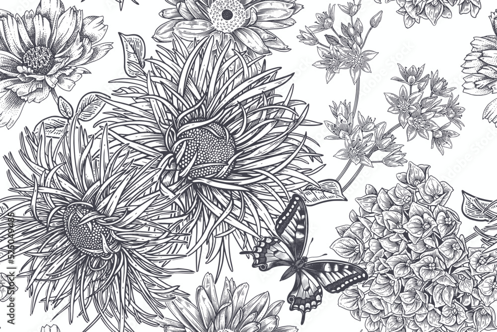Fototapeta premium Black and white seamless pattern. Small garden flowers and butterflies.