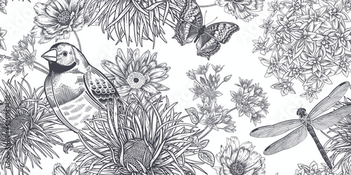 Blooming flowers, birds, butterflies and dragonflies. Floral summer background.