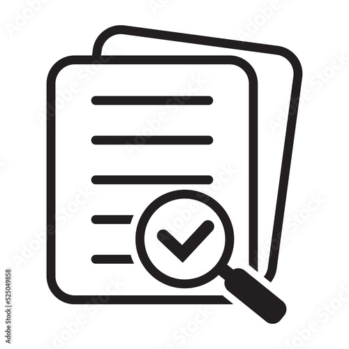 Magnifying glass check document icon. Papers with business report and magnifying glass. Process and examination concept icon vector.