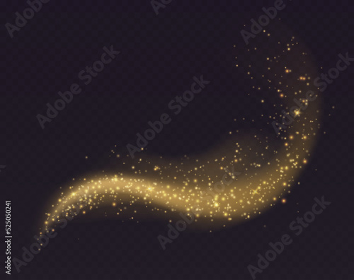 Golden dust cloud with sparkles isolated on transparent background. Stardust sparkling background. Glowing glitter smoke or splash. Vector illustration.