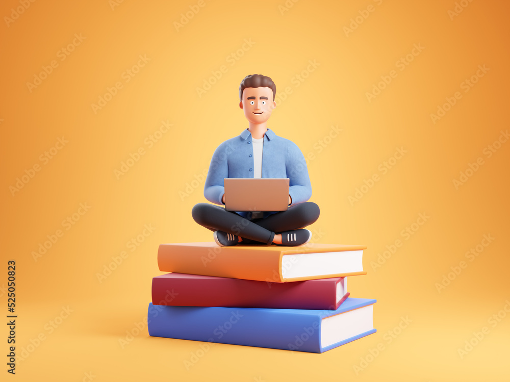 Happy cartoon character student blue shirt lotus yoga pose notebook seat at books stack over yellow background.