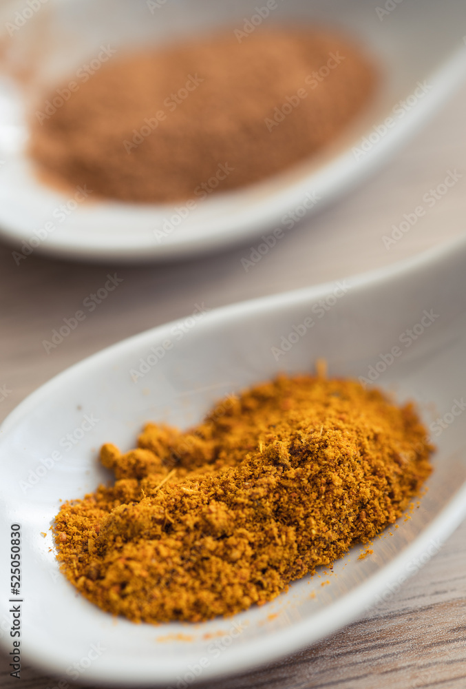 Two spoons with spices seen up close. Cinnamon and Indian curry Two spoons with spices seen up close. Cinnamon and Indian curry