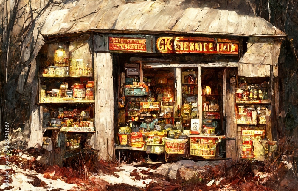 Clip art of an old general store in the countryside.