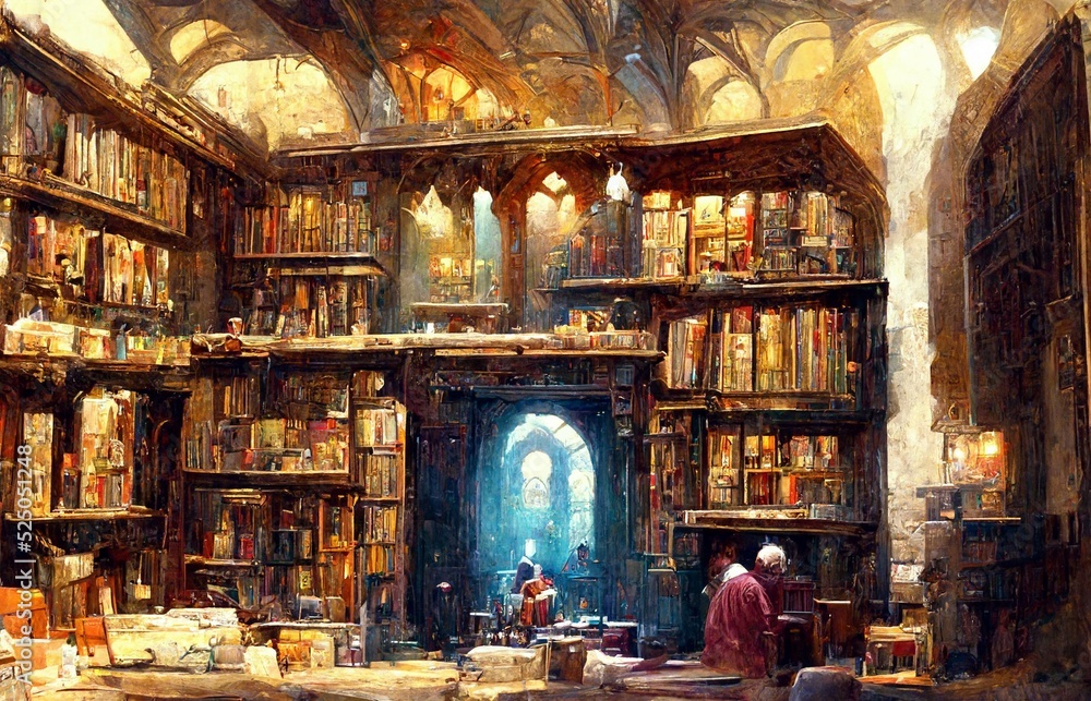 A medieval library with books from all over the world.