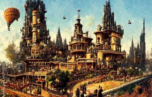 Illustration of a steampunk cityscape with floating balloons.