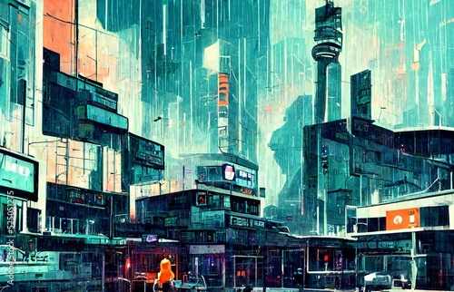 Rainy landscape of a city in the near future.