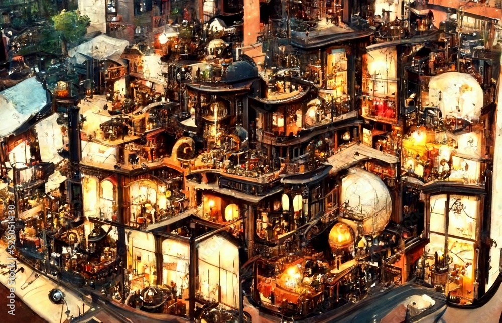 A building in a steampunk world developed by steam. A building in a steampunk world developed by steam.