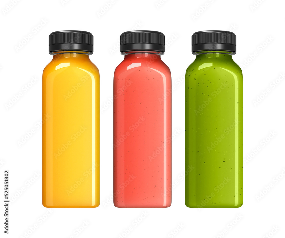 Fruit juice bottle set mockup. Square plastic bottle isolated on white background. 3D-rendering. Fruit juice bottle set mockup. Square plastic bottle isolated on white background. 3D-rendering.