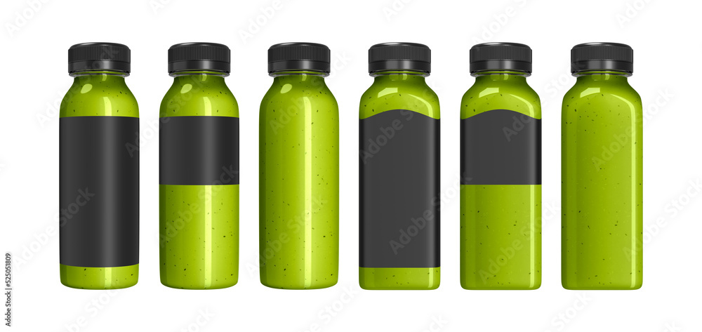 Green fruit juice bottle mockup with label. Square and round plastic bottle isolated on white background. 3D-rendering. Green fruit juice bottle mockup with label. Square and round plastic bottle isolated on white background. 3D-rendering.