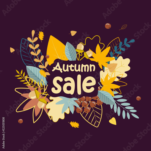 vector autumn sale banner with colorful leaves and dark backround