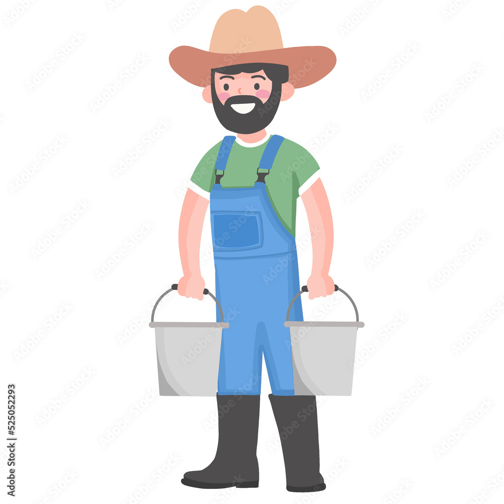 Hand drawn farming farmer in overalls holding bucket Hand drawn farming farmer in overalls holding bucket