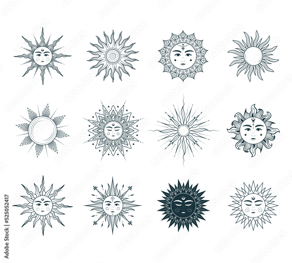 Set of 12 celestial sun images. Mystical design elements for esoteric, tarot cards, tattoo, stickers and witchcraft. Vector bohemian collection of illustrations isolated on white background. Set of 12 celestial sun images. Mystical design elements for esoteric, tarot cards, tattoo, stickers and witchcraft. Vector bohemian collection of illustrations isolated on white background.