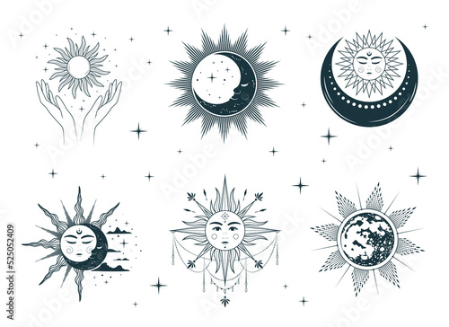 Celestial sun and moon collection. Isolated set of 6 esoteric objects. Hand drawn vector illustration in boho style for mystical design, tarot cards, tattoo and stickers.