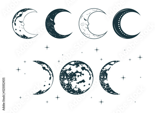 Celestial moons mystical collection. Boho esoteric objects isolated set. 
Hand drawn vector illustration for astrology, zodiac, tarot design and tattoo.