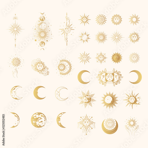 Celestial big collection  of suns and moons with faces. 33 golden mystical elements for esoteric design, zodiac, stickers, tarot cards and astrology. Hand drawn illustration in boho style.