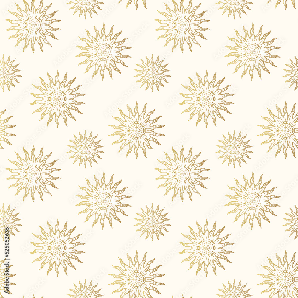 Mystical sun golden seamless pattern. Contemporary vector illustration in boho style for background and wall decor. Trendy texture for print, wrapping and textile. Mystical sun golden seamless pattern. Contemporary vector illustration in boho style for background and wall decor. Trendy texture for print, wrapping and textile.
