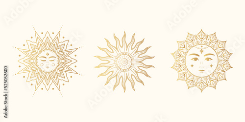 Golden set of 3 celestial sun images. Mystical design  elements for esoteric, tarot cards, stickers and witchcraft. Hand drawn vector illustration isolated on white background.