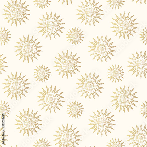 Mystical sun golden seamless pattern. Contemporary vector illustration in boho style for background and wall decor. Trendy texture for print, wrapping and textile.