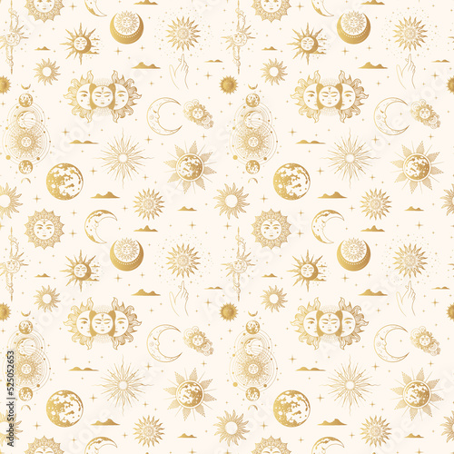 Mystical golden seamless pattern with esoteric symbols: sun, moon, clouds, stars and planets. Hand drawn vector illustration for textile, background, texture, wrapping paper, witchcraft and magic shop