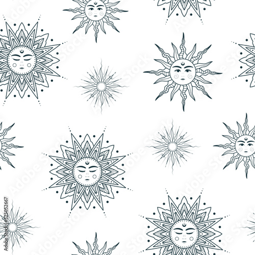 Celestial sun seamless pattern. Mystical vector illustration in boho style for background and wall decor. Trendy texture for print, wrapping and textile.