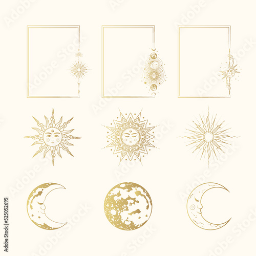 Set of golden celestial frames, sun, moon and planets. Vintage background for tarot card, astrology, stickers and horoscope, greeting card  in boho design. 