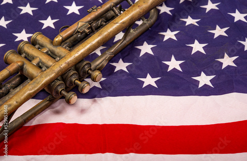 Photos Closeup vintage trumpet with USA flag - 11 November veterans day banner