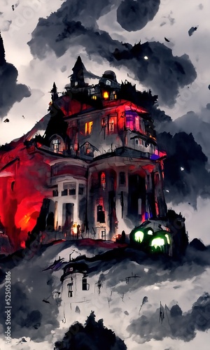 Abstract ominous fabulous mansion of ghosts. Dark Haloween noght. decorations.