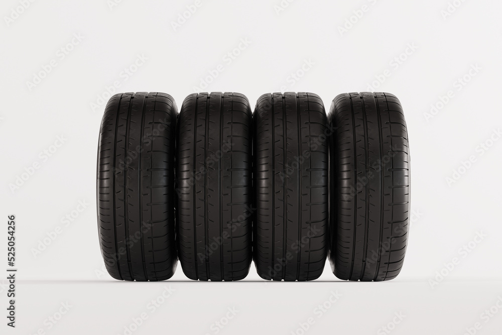 Tires on a light background. Tire change concept, vulcanization. Seasonal wheel change. 3d render, 3d illustration. Tires on a light background. Tire change concept, vulcanization. Seasonal wheel change. 3d render, 3d illustration.