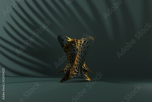 Abstract shapes on a green background. Concept of abstraction, minimalism. Presenting pretty figures against the shadow of a leaf. 3d render, 3d illustration.