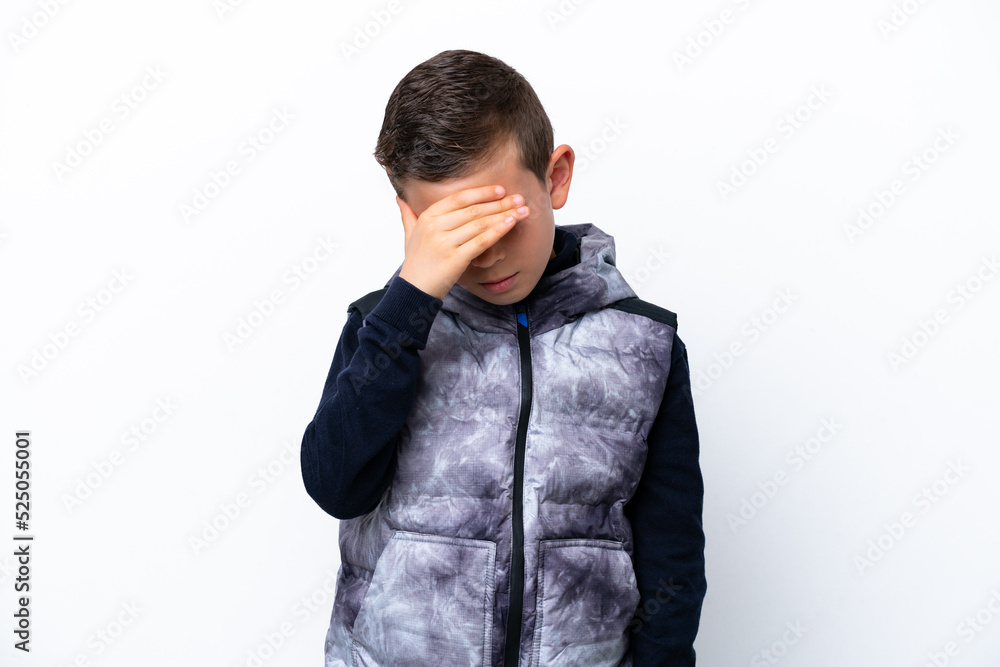 Little boy isolated on white background with headache Little boy isolated on white background with headache