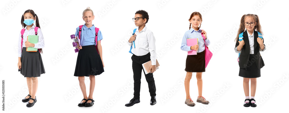 Group of cute little school children on white background