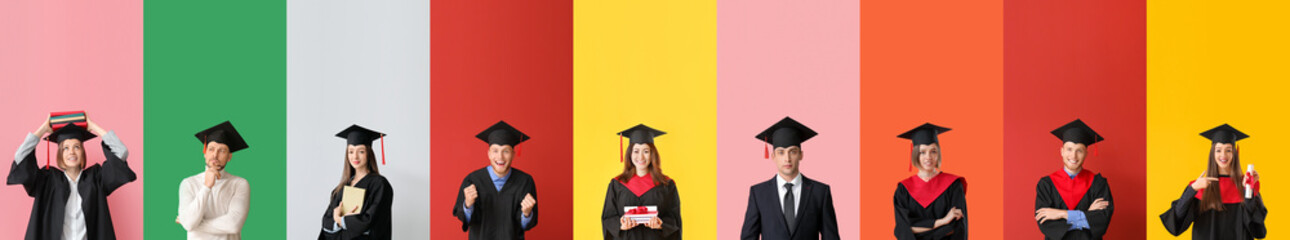 Set of graduating students on color background