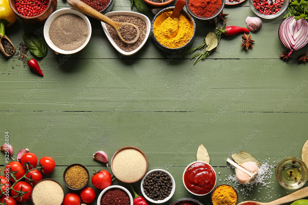 Wall Mural Composition with fresh aromatic spices on color wooden background