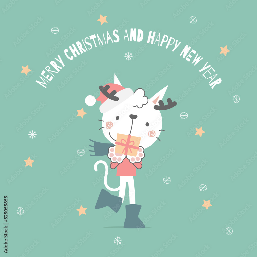 Naklejka premium merry christmas and happy new year with cute white cat and gift box present in the winter season green background, flat vector illustration cartoon character costume design