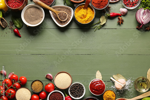 Fototapeta Naklejka Na Ścianę i Meble -  Composition with fresh aromatic spices on color wooden background