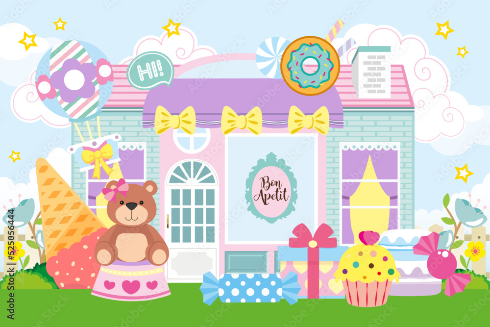 Cake shop illustration with cute bear and cakes Cake shop illustration with cute bear and cakes