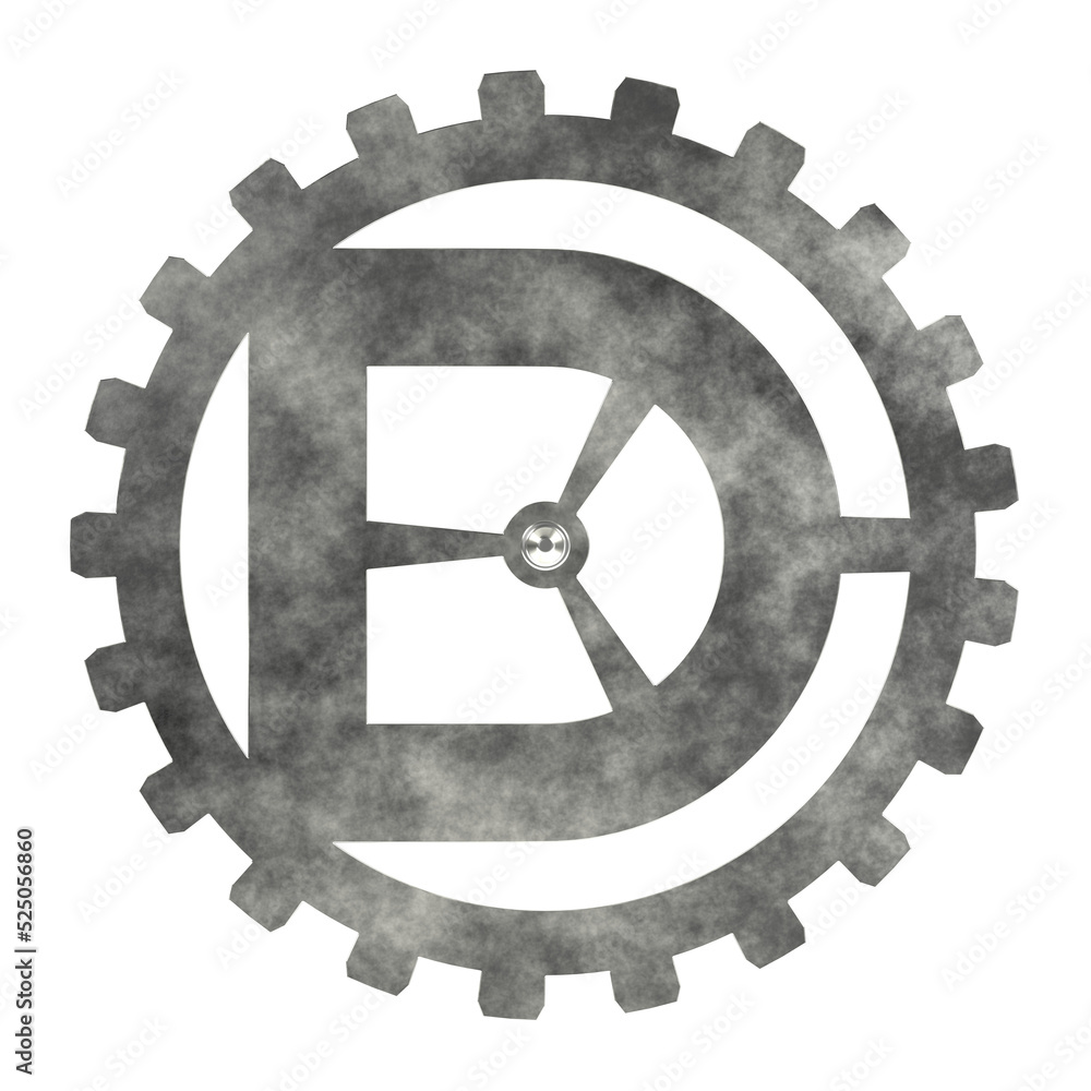 Letter D inside gear on transparent background, alphabet from old metal gears, 3d rendering Letter D inside gear on transparent background, alphabet from old metal gears, 3d rendering
