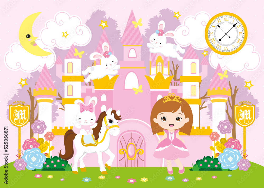 Fototapeta premium pink castle and cute little princess