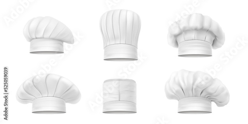 White chef s hat different shape set realistic vector illustration. Collection cook caps and baker toques headdress for kitchen staff. Restaurant cafe catering and culinary baking uniform headwear