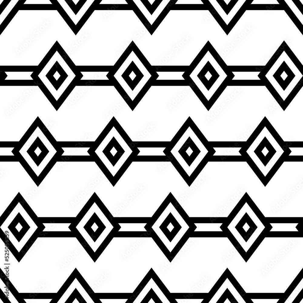 Repeated black rhombuses and lines on white background. Chains wallpaper. Seamless surface pattern design with diamonds and stripes. Grid motif. Digital paper for page fills, web designing. Vector art Repeated black rhombuses and lines on white background. Chains wallpaper. Seamless surface pattern design with diamonds and stripes. Grid motif. Digital paper for page fills, web designing. Vector art