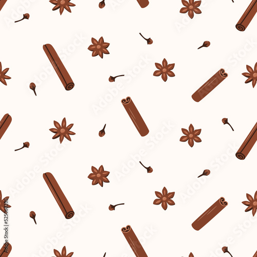 Seamless pattern Cinnamon sticks anise and cloves, fragrant spices, vector illustration.