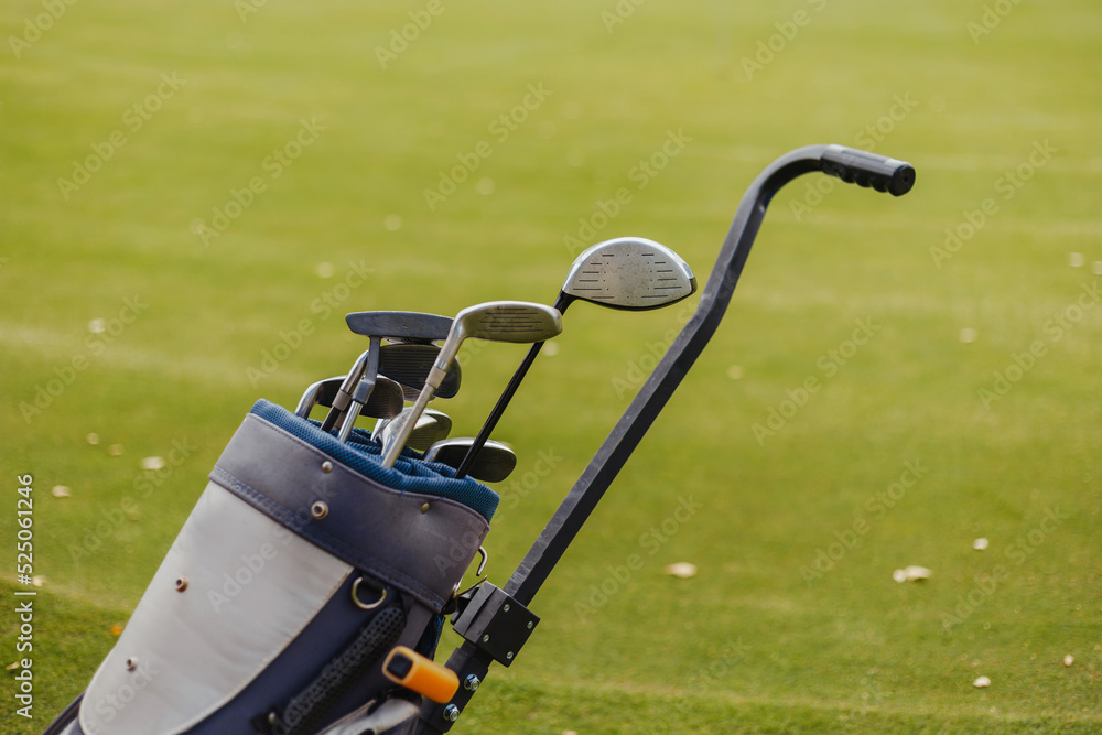 Golf bag trolley with clubs on green, copy space.