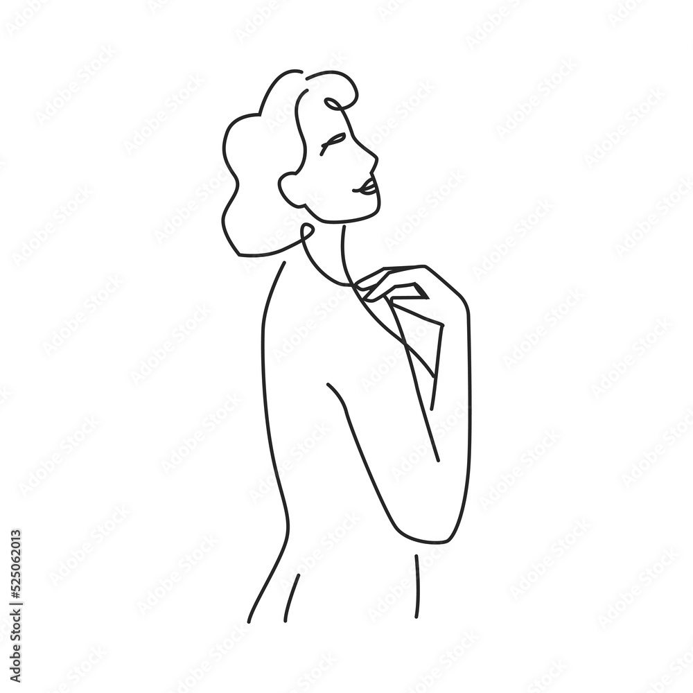 Feminine abstract female body, isolated girl model in profile, continuous line. Minimal contemporary drawing, sketch contour. Trends and fashion. Vector in flat style, outline linear art Feminine abstract female body, isolated girl model in profile, continuous line. Minimal contemporary drawing, sketch contour. Trends and fashion. Vector in flat style, outline linear art