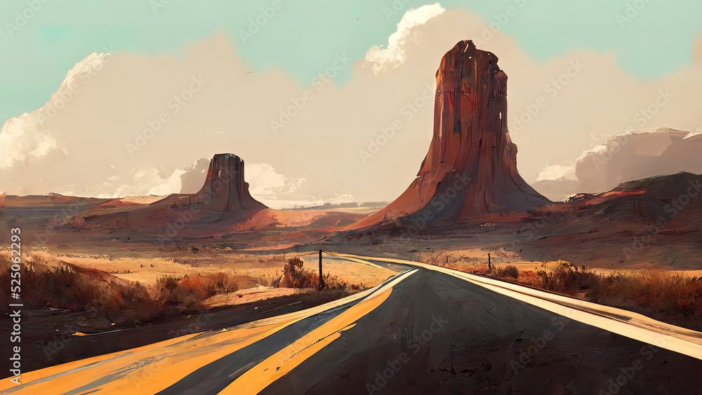 Empty route 66, usa, digital painting. Desert, valley of death. 4k Wallpaper,  background. Blue sky, orange sand with an empty asphalt road. Stock  Illustration | Adobe Stock