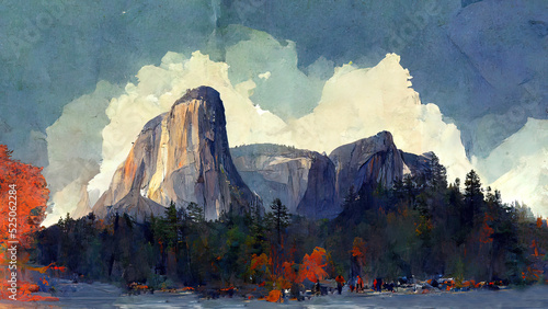 Yosemite National Park, el Capitan, drawing, illustration, digital painting, landscape colorful,  landmark, usa, nature, outdoors, forest, mountain. photo