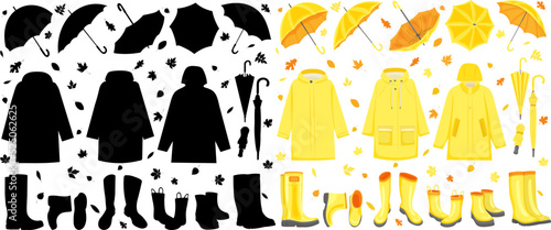 set of yellow umbrellas and boots, raincoats in flat style isolated, vector photo