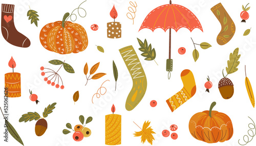 doodle autumn items in flat style isolated, vector
