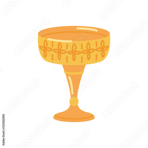 Greek golden goblet with jewels and precious stones and carvings. Ancient artifacts and cultural heritage, rich and wealth of old days. Vector in flat style